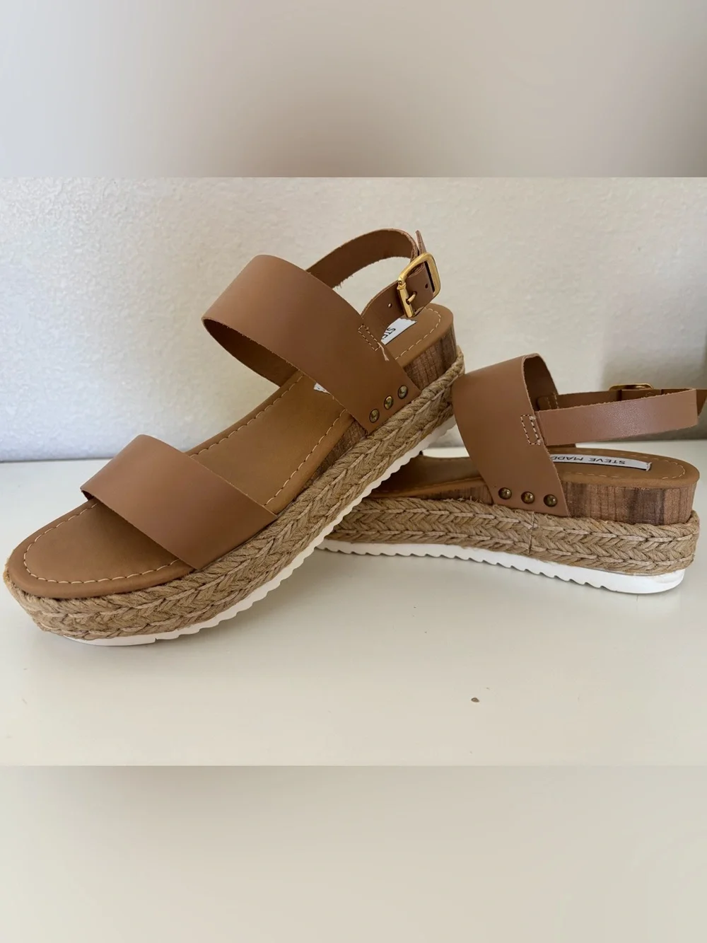 Steve Madden CICI Nude Leather Espadrille Wedge Sandals - Size 8 (NWT)